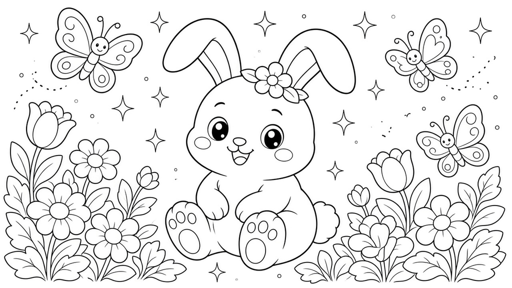 Black and white line art coloring page featuring a cute cartoon bunny sitting in a flower field with tulips, butterflies, and stars.