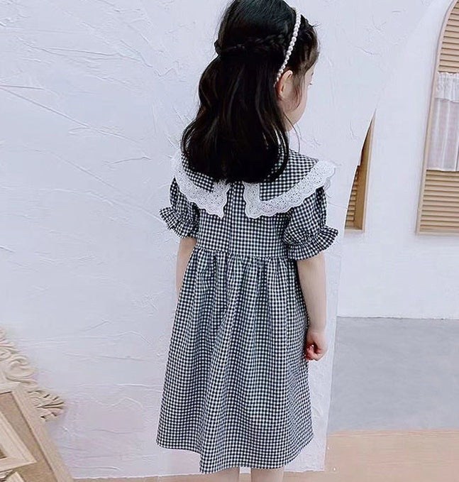 Girls' Cotton Gingham Dress with Lace Collar - view 3
