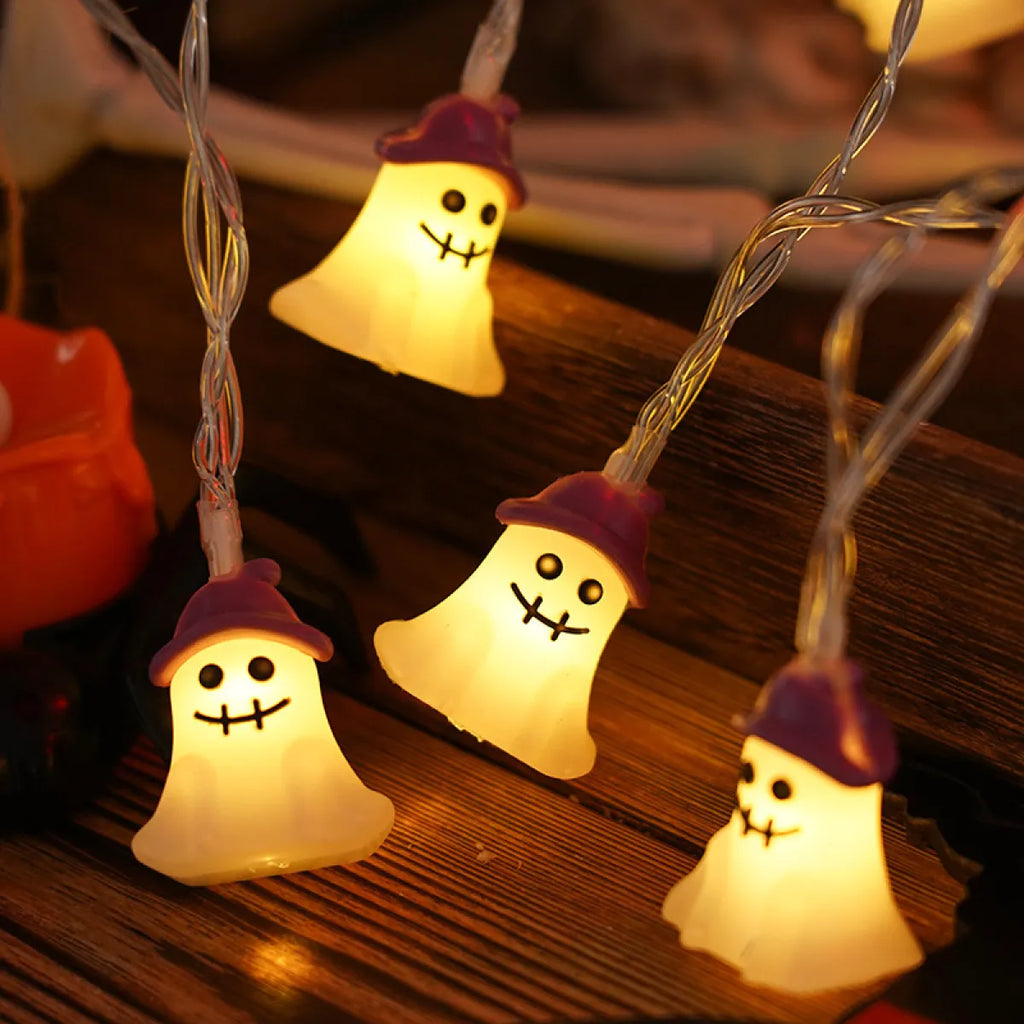 Halloween LED string lights with pumpkin ghost and bat shapes