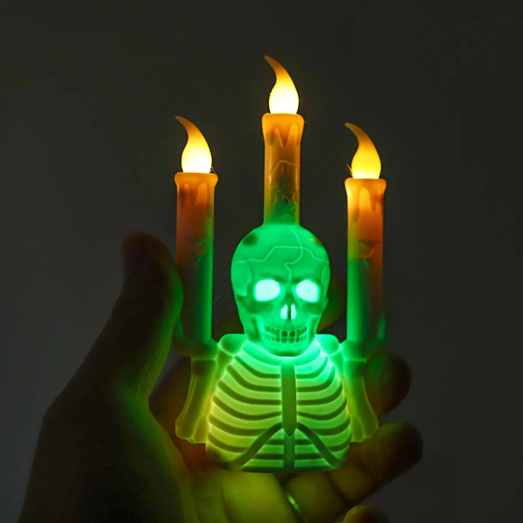 Halloween skull candlestick with glowing LED electronic candle