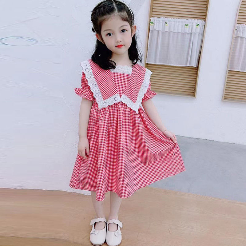 Girls' Cotton Gingham Dress with Lace Collar - view 5