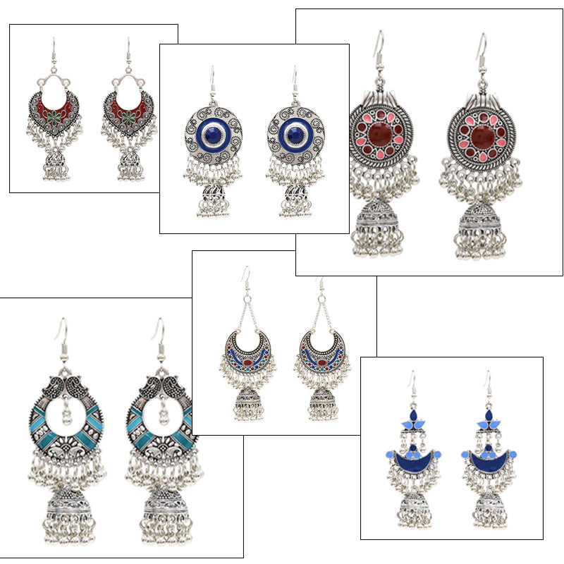 Oxidized jhumka earrings with bell tassels