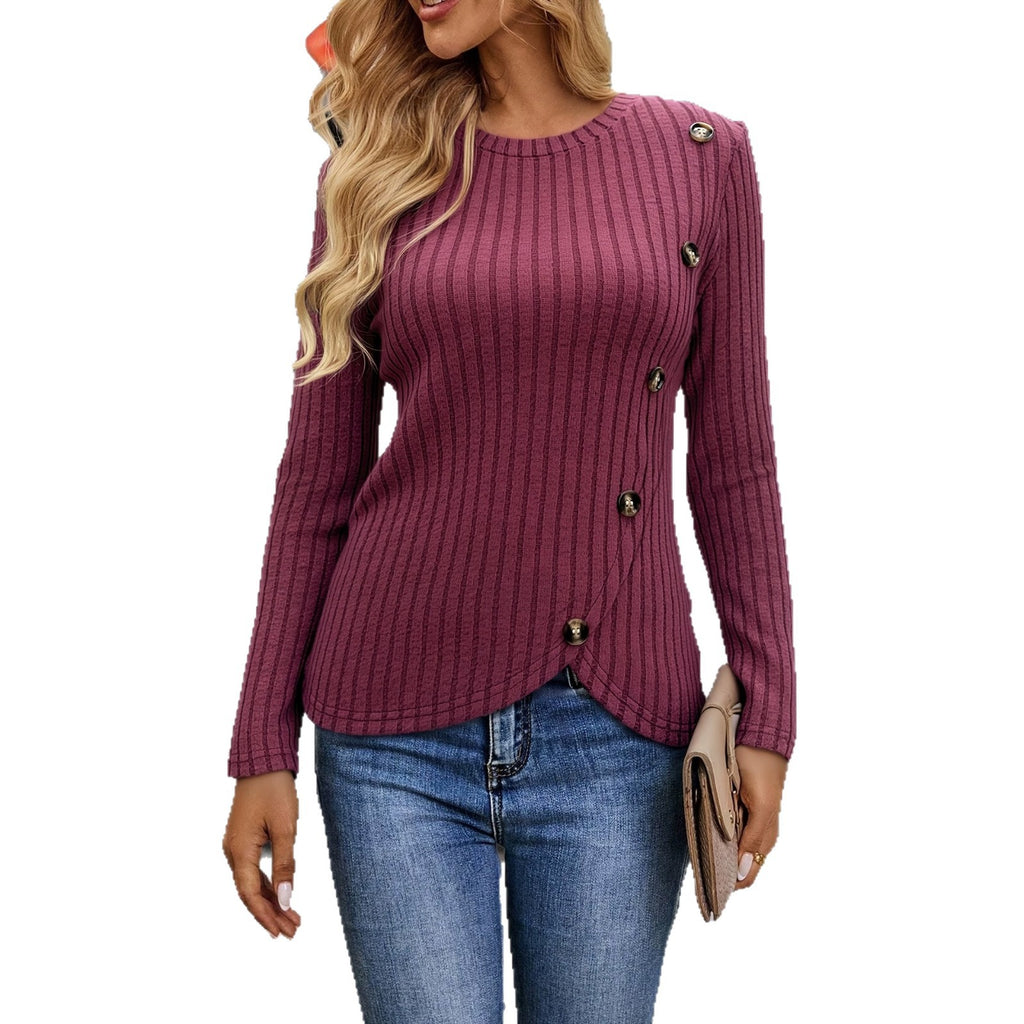 Women's Ribbed Knit Sweater with Button Detail - view 5