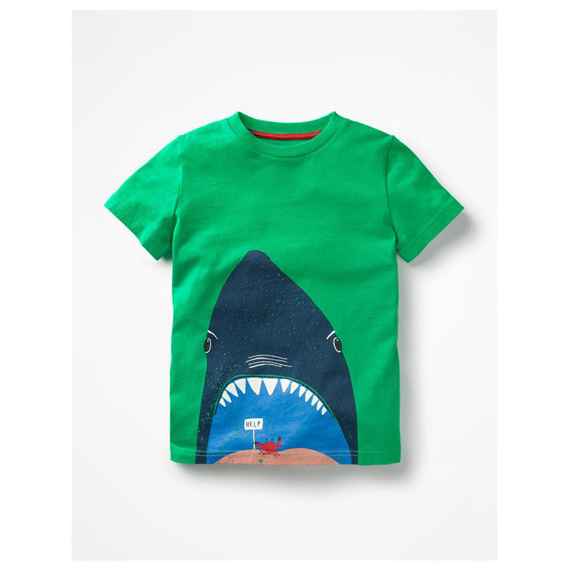 Green kids' cotton T-shirt with shark print