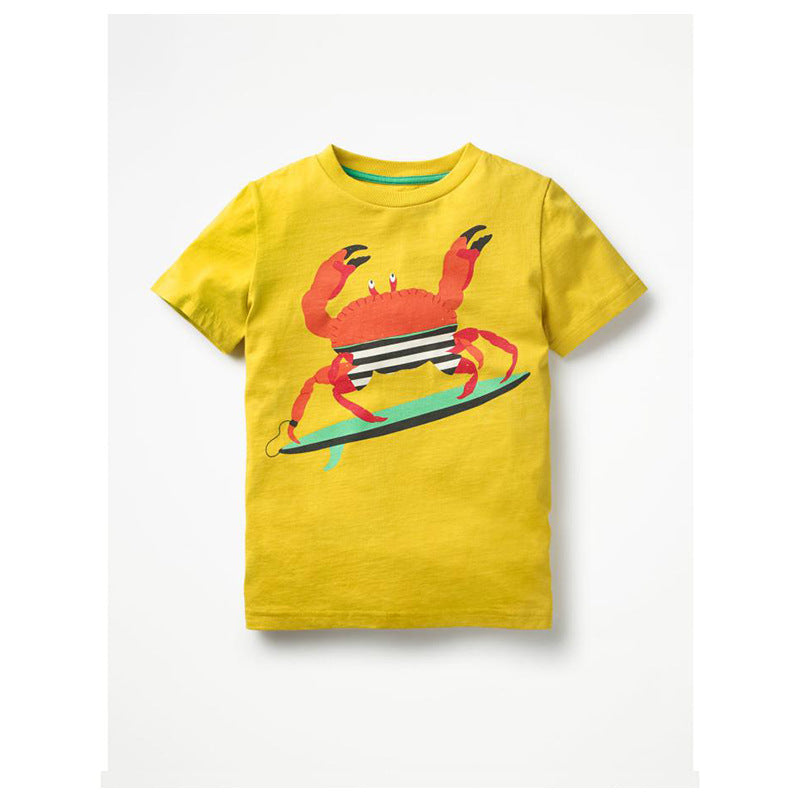Yellow kids' cotton T-shirt with crab print