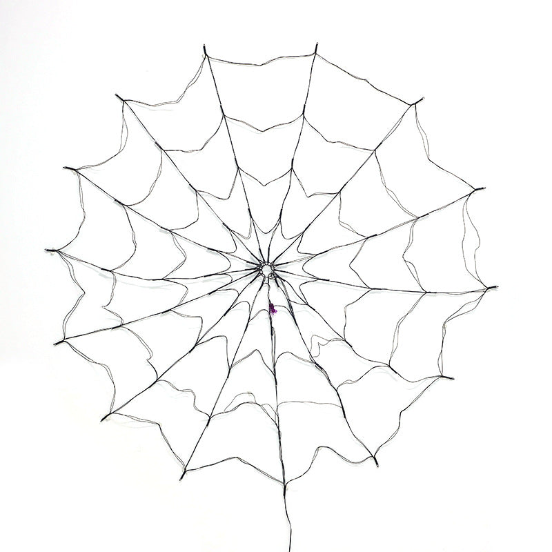 Halloween spider web light unlit, black wire web frame with LED bulbs