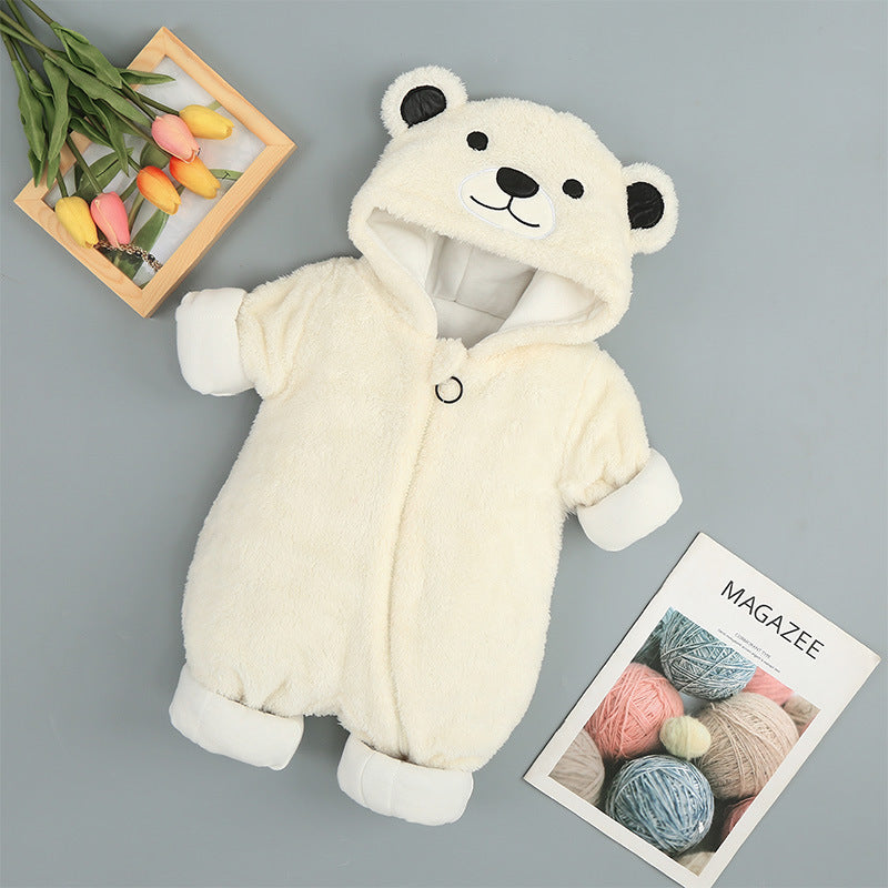Beige baby bear hooded fleece romper