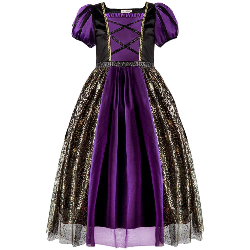 Kids' purple witch costume dress with hat – view 3