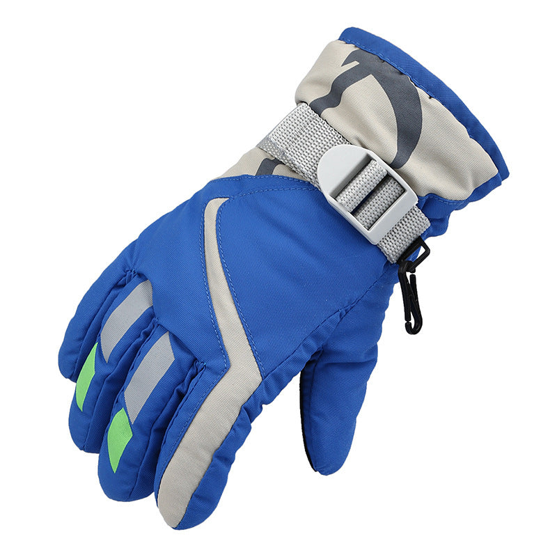 Kids' blue winter ski glove with grey wrist strap