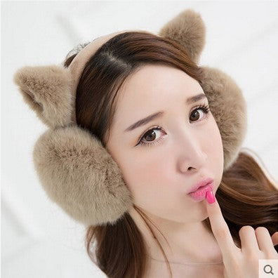 Women's black foldable faux fur plush winter earmuffs
