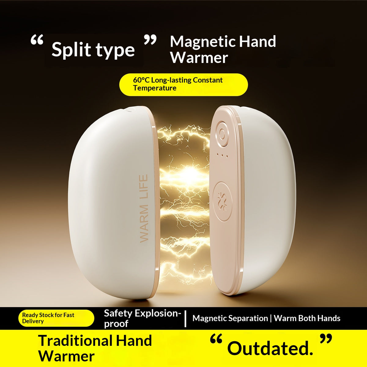 Magnetic hand warmer halves joined and separated view