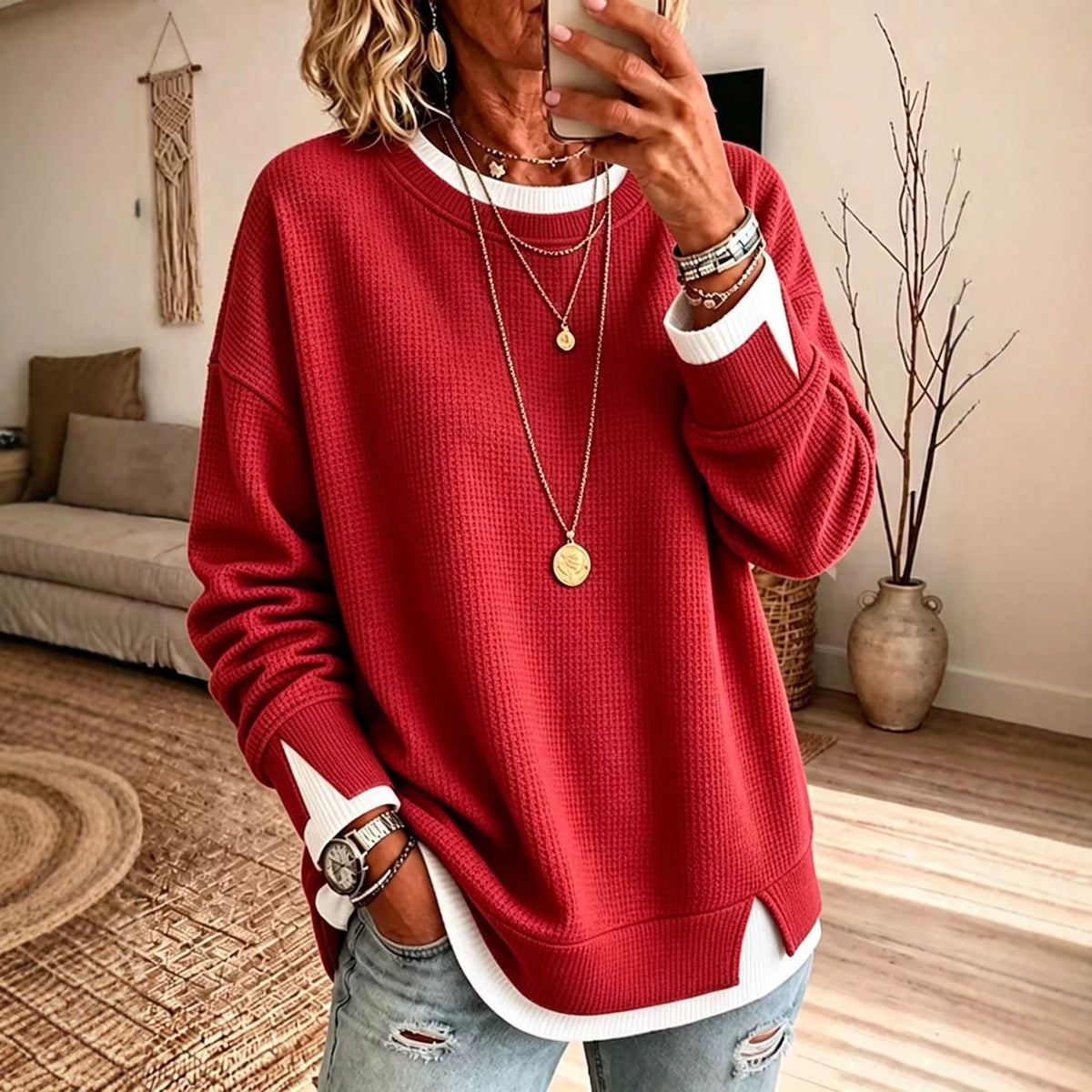 Women's Waffle-Knit Crew Neck Sweatshirt - view 4