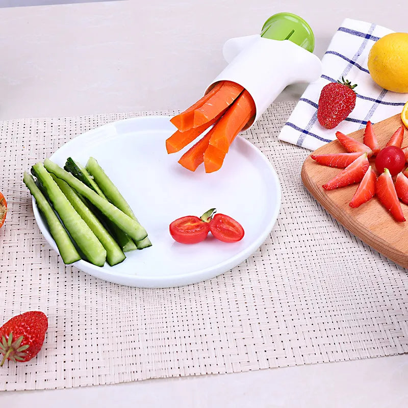 Vegetable slicer shown beside prepped veggie sticks