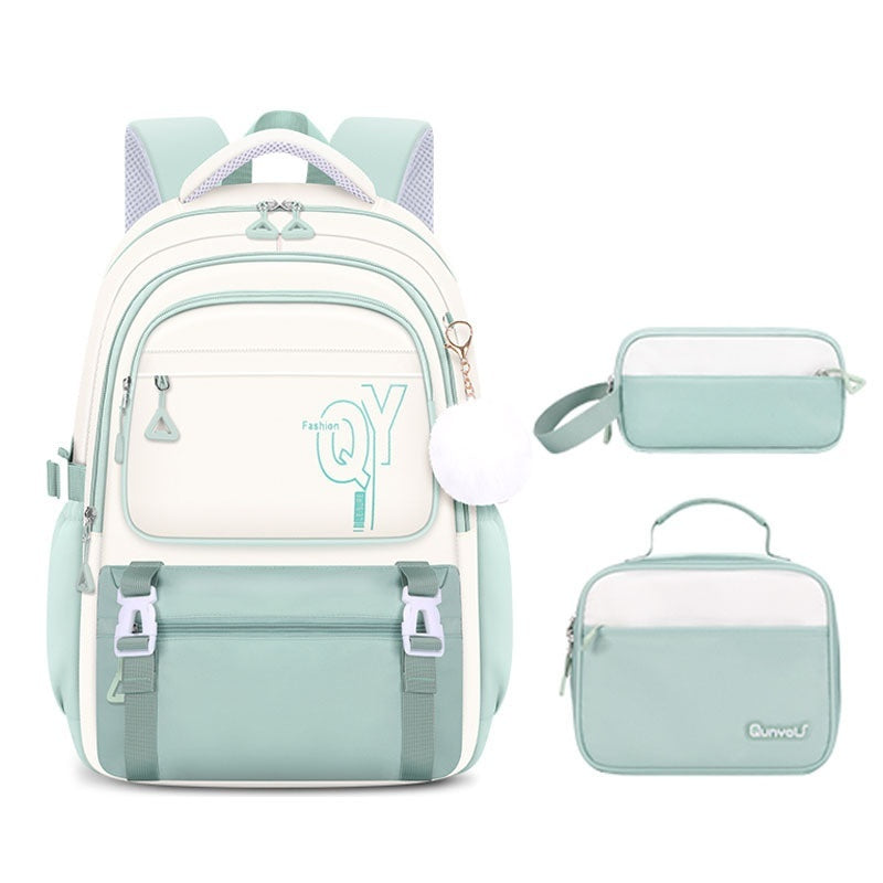 Green three-piece kids school backpack set