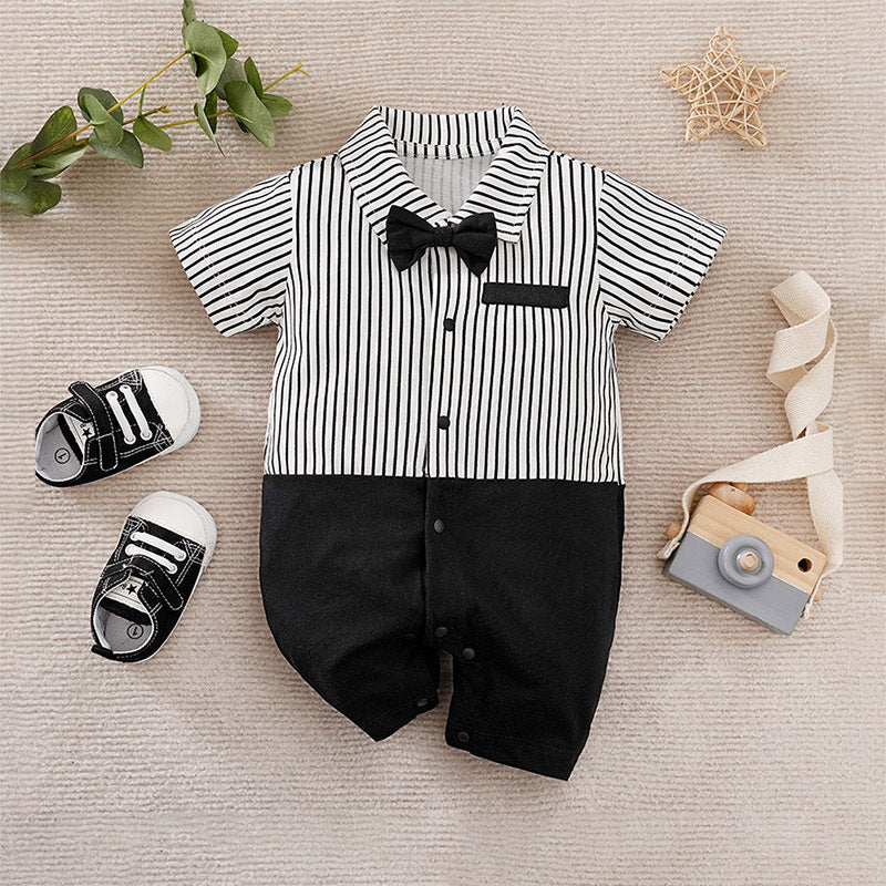 Baby boy striped short sleeve romper with black bow tie
