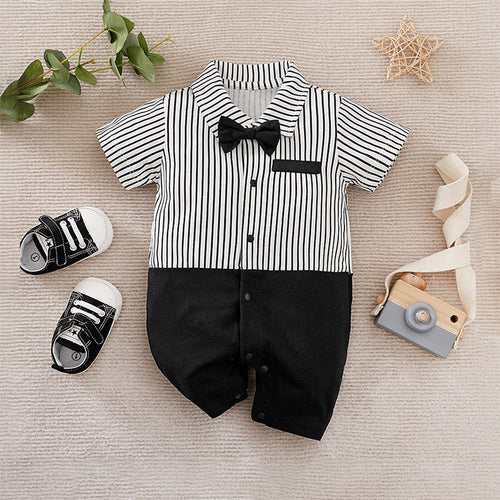 Baby boy striped short sleeve romper with black bow tie