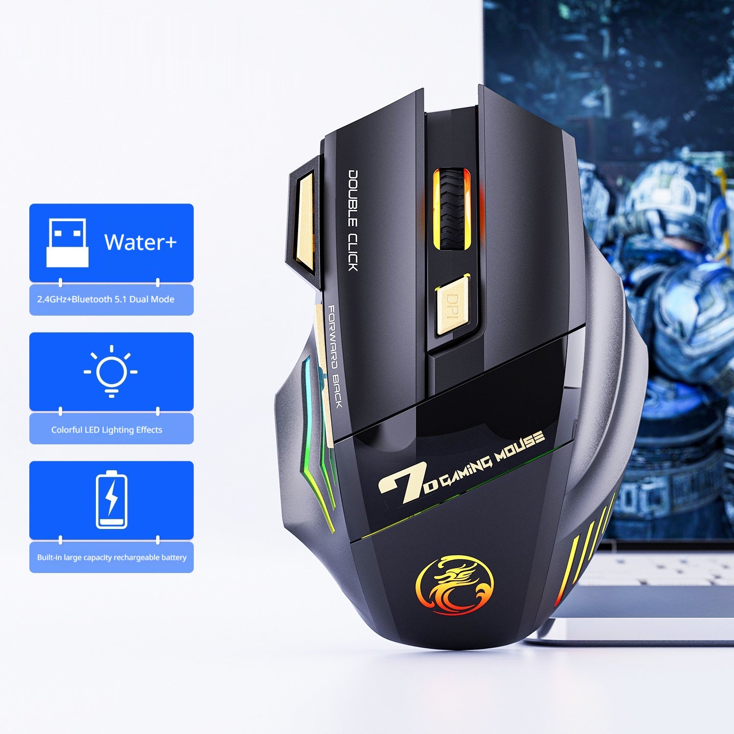 Wireless gaming mouse with colourful breathing light