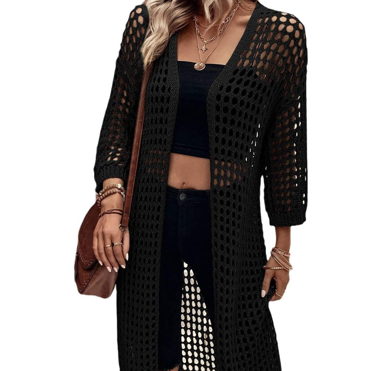 Women's Open-Knit Long Cardigan - view 3