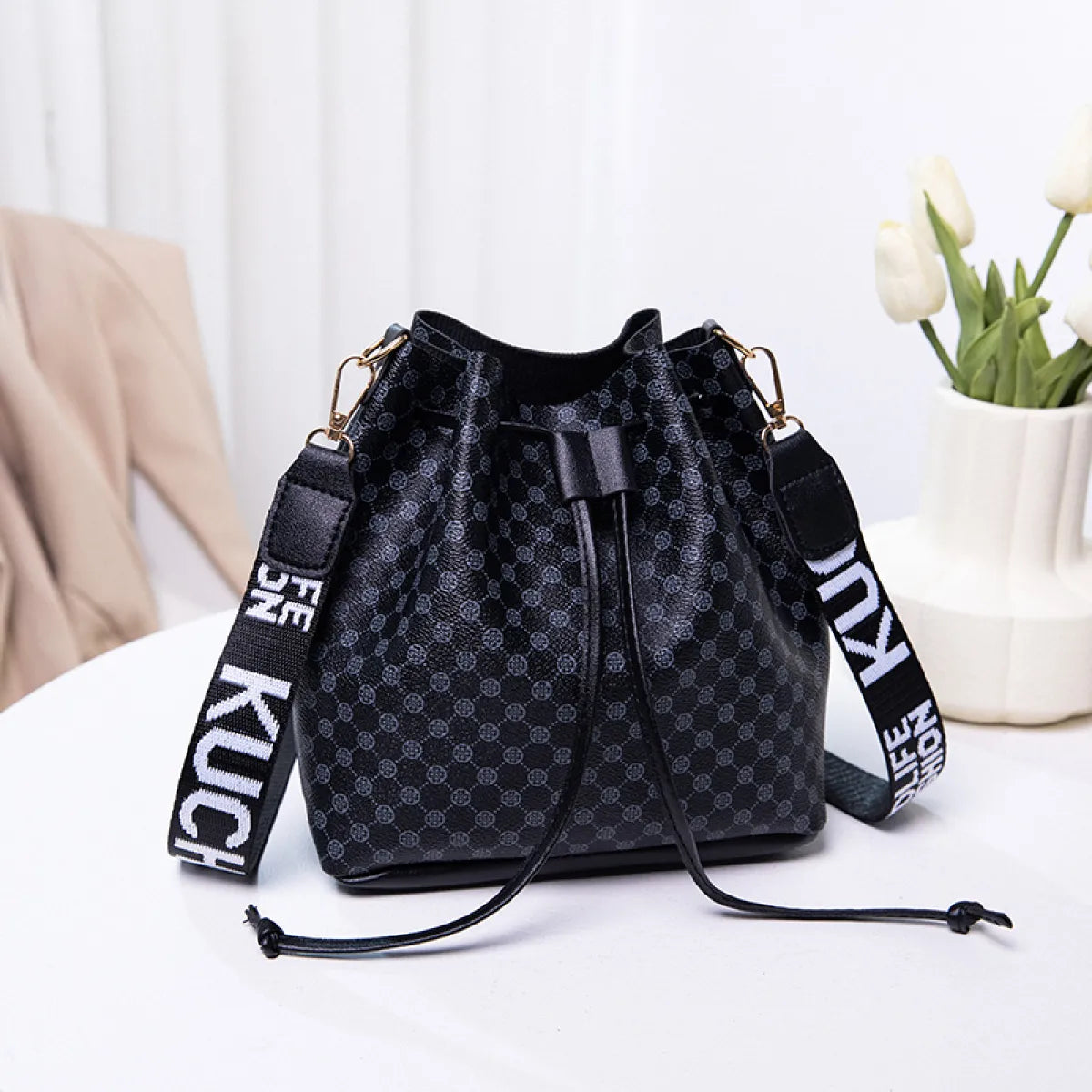 Women's beige PU bucket crossbody bag with adjustable strap