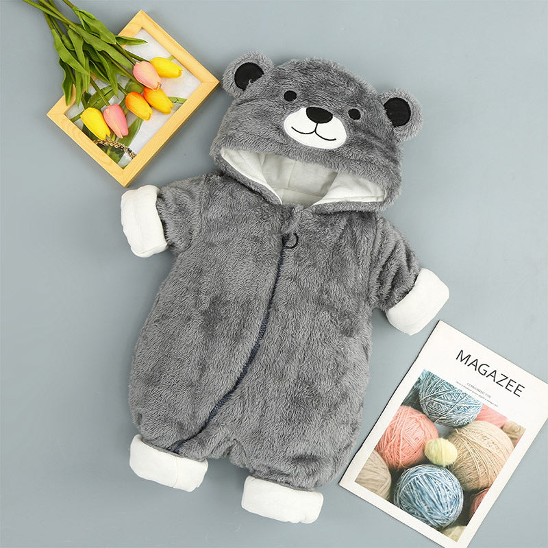 Grey baby bear hooded fleece romper