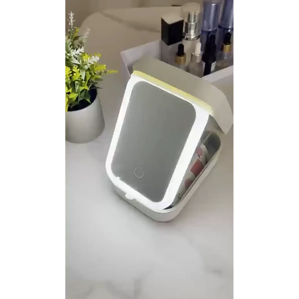 Portable pink LED makeup storage box with mirror