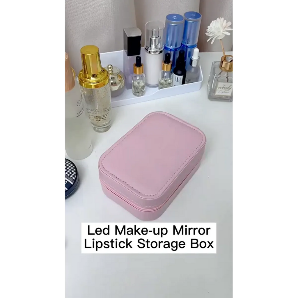 Touch-light vanity mirror on makeup storage case