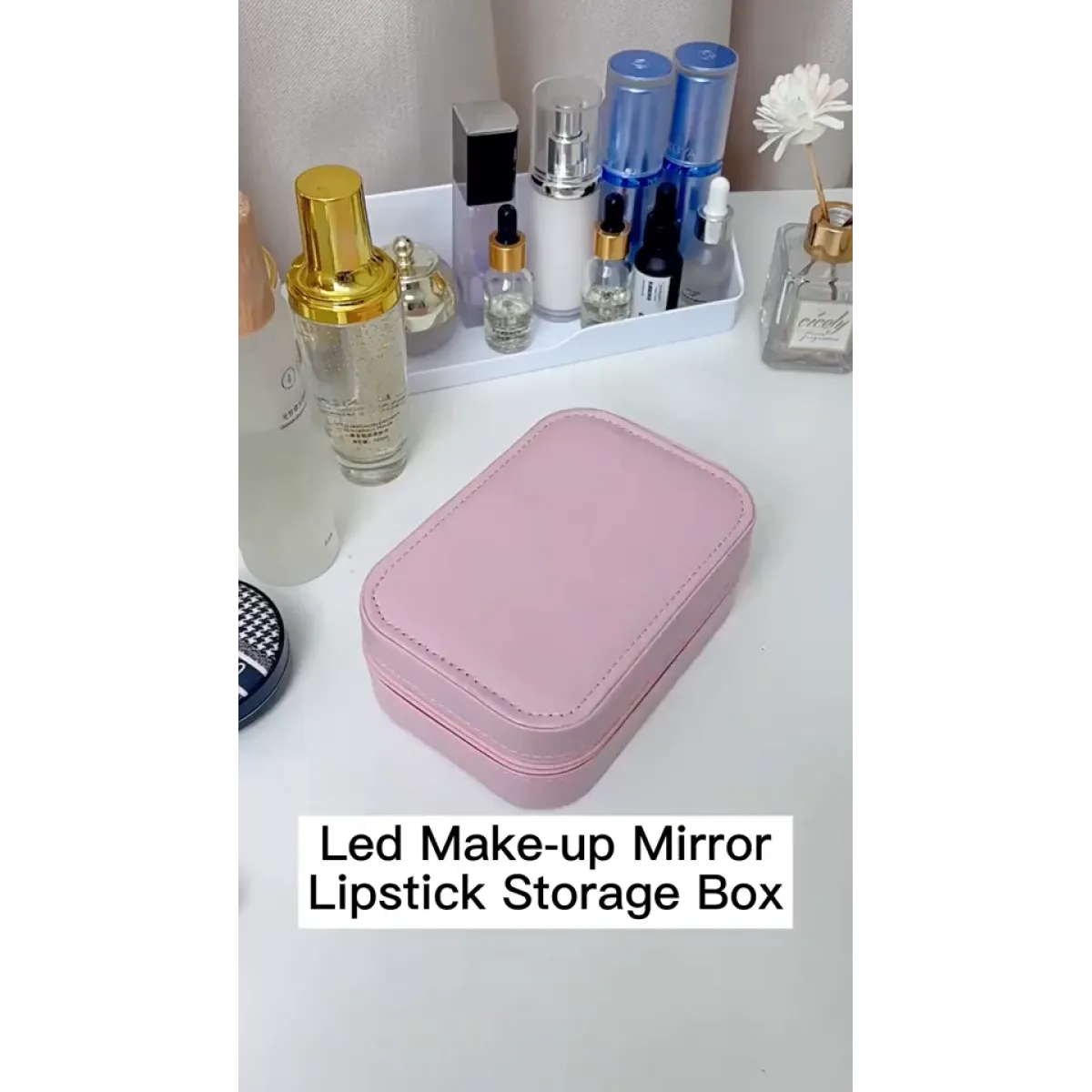 Touch-light vanity mirror on makeup storage case
