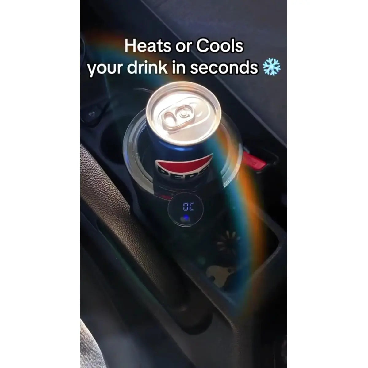 Black 12V car heating and cooling cup with digital temperature display