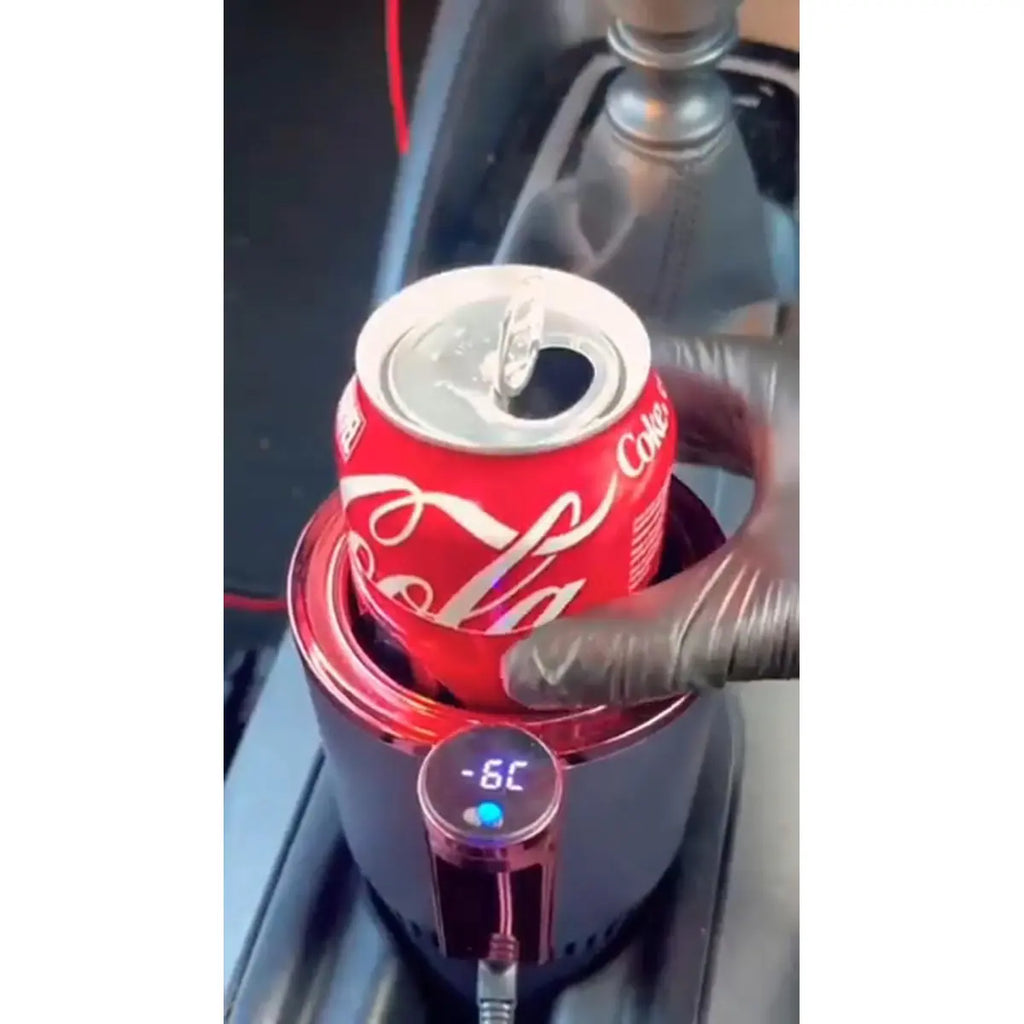 Black 12V car heating and cooling cup with digital temperature display