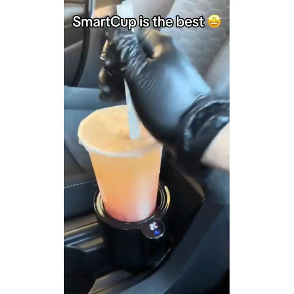 Black 12V car heating and cooling cup with digital temperature display