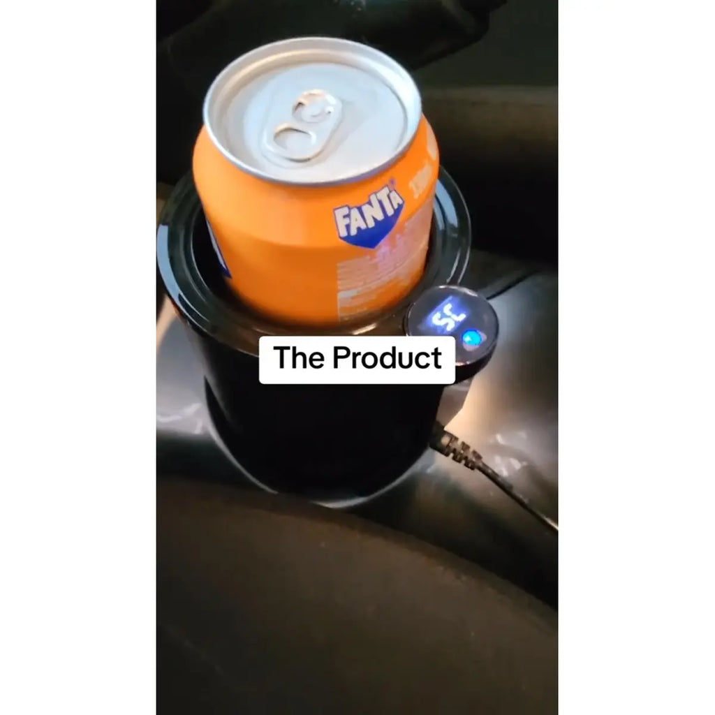 Black 12V car heating and cooling cup with digital temperature display