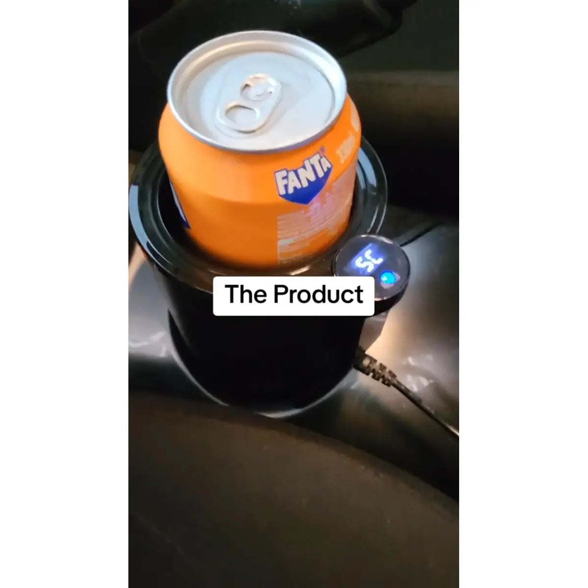 Black 12V car heating and cooling cup with digital temperature display