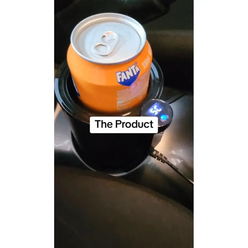 Black 12V car heating and cooling cup with digital temperature display