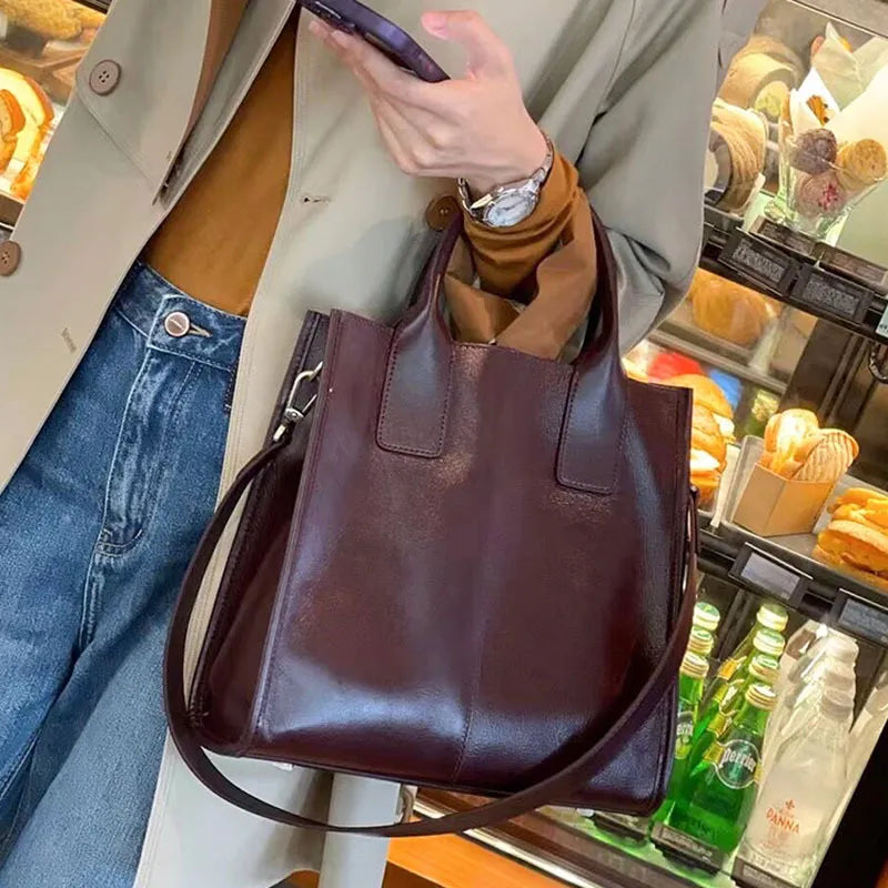 Women's genuine leather crossbody tote handbag