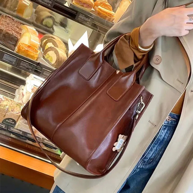 Women's genuine leather crossbody tote handbag